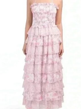 Dalia MacPhee Pink Floral Tiered Ruffle Maxi Dress
